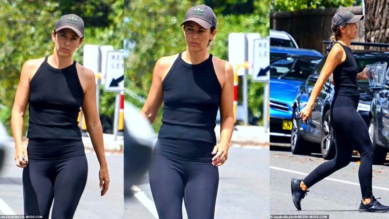 Bec Hewitt flaunts her svelte figure in tight activewear as she carries a blender jug to her home in Sydney