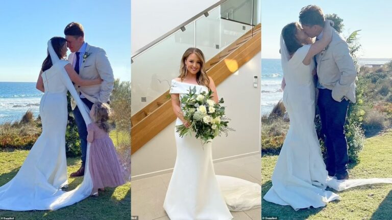 Ex-Neighbours star Jordy Lucas stuns in a figure-hugging wedding dress as she ties the knot with her longtime partner Henry Platt on Phillip Island