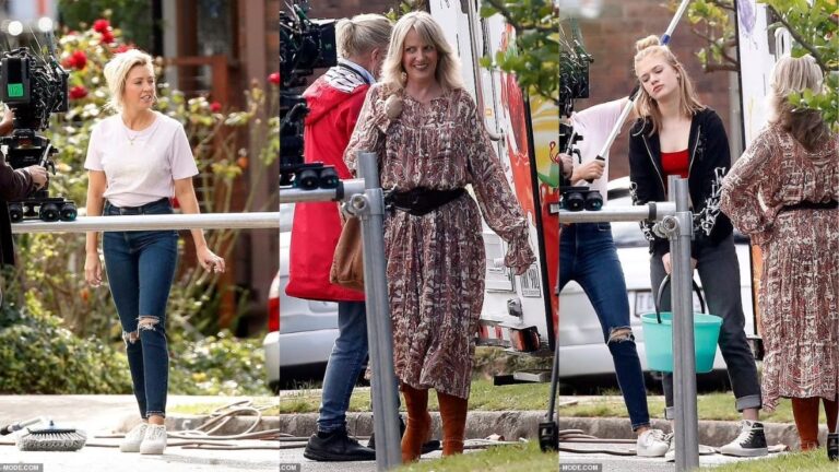 Neighbours stars Jacinta Stapleton, Freya Van Dyke and Lucinda Cowden are spotted filming scenes in Melbourne as the long-running series comes to an end